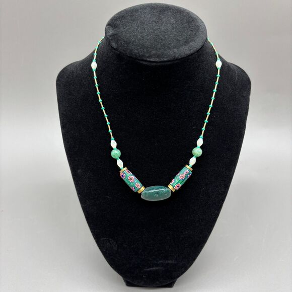 Vintage Millefiori Glass Aventurine Bloodstone Brass Bead Necklace 16" 70s Boho - Picture 1 of 8